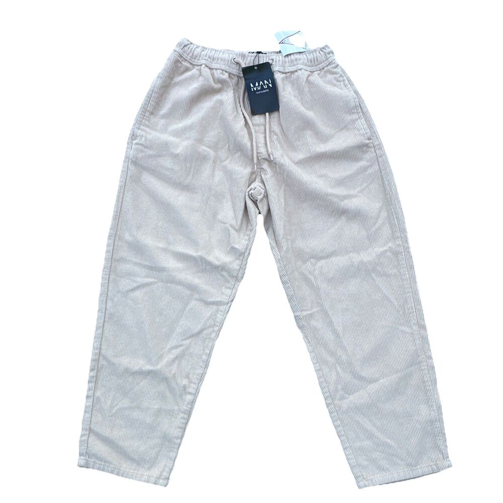 boohooMAN Corduroy Pants Men’s 30R Beige Drawstring Straight Leg NWT Casual